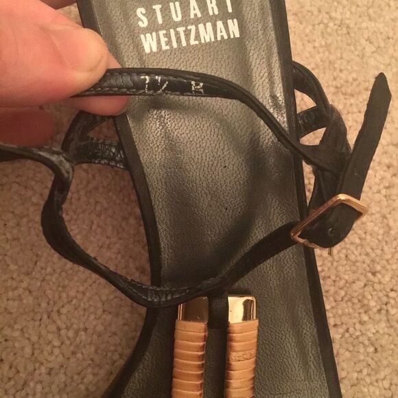 Vtg Rare STUART WEITZMAN Black Leather Strappy Brown BASKET WEAVE Heels Sandals - Picture 9 of 12